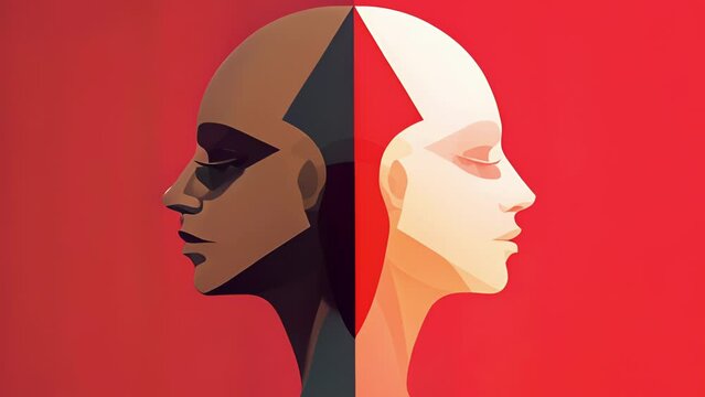 A person is depicted as a figure with two heads representing the confusion and dissonance that comes from somatic Psychology art concept. .