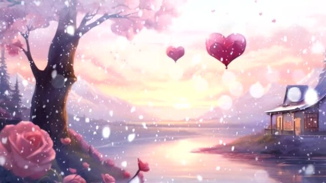 Valentine's Day scene in winter, on the lake in the morning with the sun rising on the side of the house Seamless looping time-lapse animation Video background Generated AI
