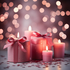 Obraz na płótnie Canvas A charming display of festive pink candles, adorned with a delicate bow, radiating a warm glow in a cozy indoor setting, perfect for adding a touch of holiday cheer to any space