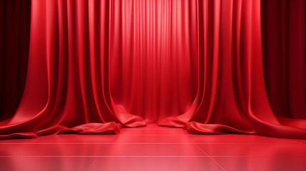 3D closed vibrant red stain curtain drapes on maroon. 