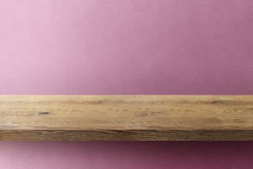 木目のあるナチュラルな木の棚(台)とピンクの凹凸のある壁の背景