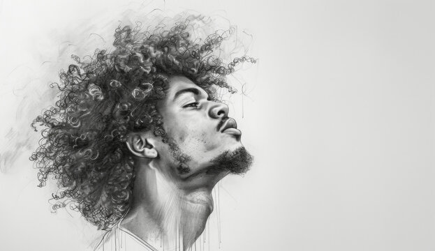 Portrait, sketch and drawing of a black man for artist inspiration, creativity and background. Detailed, pencil illustration and drawing of a male on white canvas for education, lesson and hobby