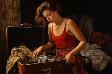 A woman packs a suitcase. Woman sorting out her things