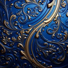 Royal blue background: Vintage floral bas-relief on the wall, covered with gold, adding a touch of elegance and luxury