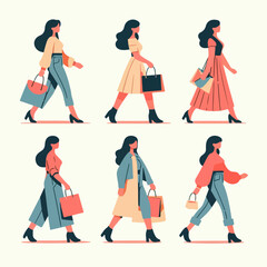 flat illustration set of people walking while carrying shopping bags