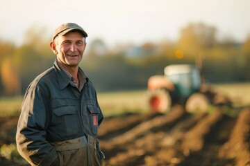Experienced farmer in work clothes, with a farm and agricultural machinery blurred in the background