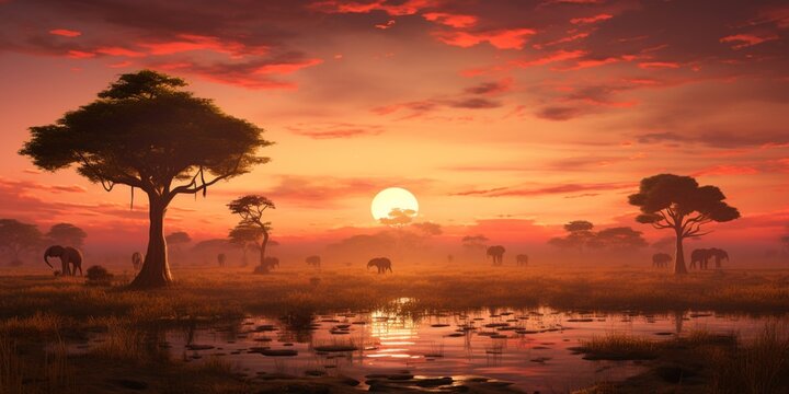 A vast savannah with acacia trees and a herd of elephants in the distance, beneath a golden African sunset.