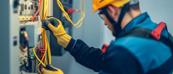 Skilled electrician in safety gear, with an electrical panel and tools blurred in the background - obrazy, fototapety, plakaty
