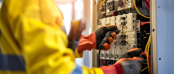 Skilled electrician in safety gear, with an electrical panel and tools blurred in the background