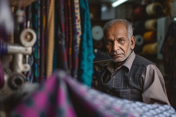Skilled tailor in a workshop, with fabrics and sewing machines slightly out of focus behind him