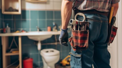 Skilled plumber in work clothes with tools, with a bathroom and plumbing fixtures in the background - obrazy, fototapety, plakaty