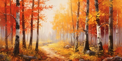 A vibrant autumn forest with trees displaying a riot of red, orange, and yellow leaves, creating a warm and cozy atmosphere.