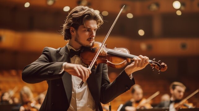 Talented violinist in formal attire, with a concert hall and orchestra in the background 