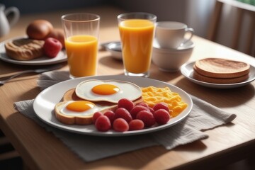 Breakfast with eggs, tomatoes, pancakes and juice on table in morning