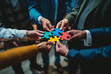 Businessmen working together to build a puzzle as teamwork, partnership and integration concept. Generative AI
