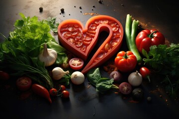 Heartshaped plate with fresh vegetables on white background.