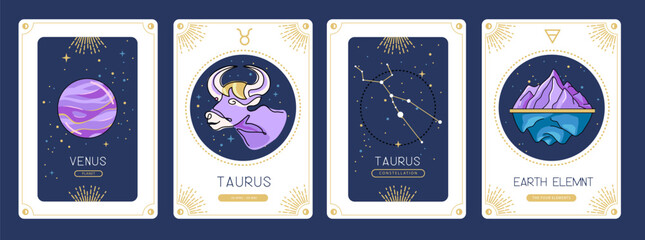 Set of cartoon magic witchcraft cards with astrology Taurus zodiac sign characteristic. Vector illustration © annbozhko