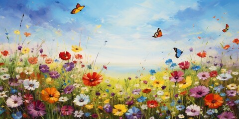 Fototapeta na wymiar A vibrant field of wildflowers, with colorful birds and butterflies hovering over the blossoms on a sunny day.