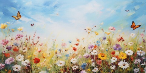 A vibrant field of wildflowers, with colorful birds and butterflies hovering over the blossoms on a sunny day.