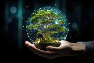 Green tree hand holding renewable energy icons for sustainable development and saving the environment.