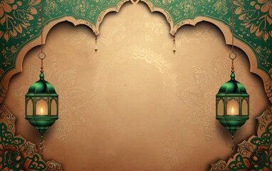 eid mubarak greeting card background, brown texture paper and green mandala with ramadam lantarn 
