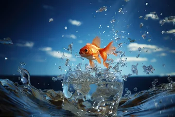 Fotobehang Goldfish leaps out of the aquarium to throw itself into the sea. Generative AI © alphaspirit