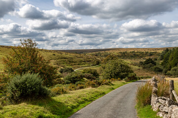 Fototapeta na wymiar A view of a country road in Dartmoor National Park, on a sunny September day