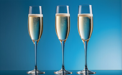 Three champagne glasses on a simple soft blue background, Valentine's Day, Christmas. Generative AI