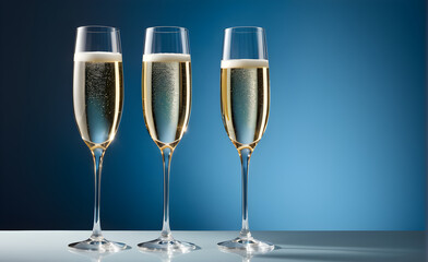 Three champagne glasses on a simple soft blue background, Valentine's Day, Christmas. Generative AI