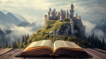 An open book on wooden table with fantasy castle on mountains  landscape, mystical medieval kingdom, Kids story telling concept - obrazy, fototapety, plakaty