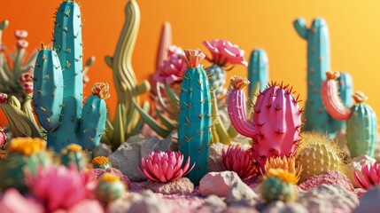 Obraz premium there are many tricolor cacti on a yellow light background