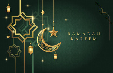 Ramadan Kareem premium design on green Islamic background with gold ornament star, moon, lanterns and islamic elements. Suitable for raya and ramadan template concept