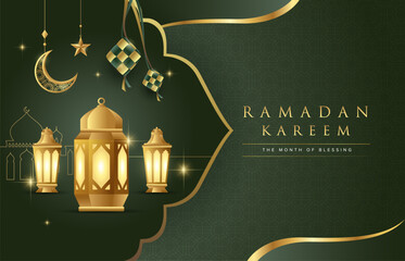 Ramadan Kareem design on green Islamic background with gold ornament star, moon, mosque, lanterns and ketupat. Suitable for raya and ramadan template concept.
