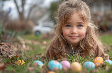 Fototapeta premium Joyful Girl Lying on the Grass with Colorful Easter Eggs in Spring Garden During Easter Egg Hunt