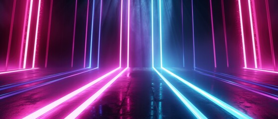 Fototapeta premium abstract neon background with ascending pink and blue glowing lines, vibrant and colorful laser rays.