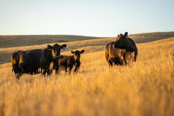 stud wagyu cows and bull in a sustainable agriculture field in summer. fat cow in a field. mother...