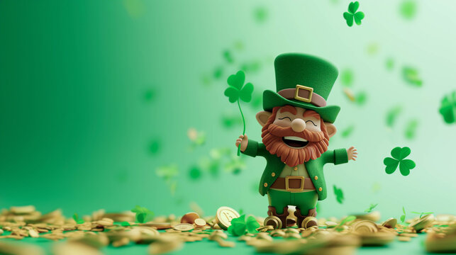 A Leprechaun posing happily among golden coins and shamrocks, St. Patrick theme