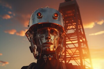 Helmetwearing engineer protects telecom tower at sunset. - obrazy, fototapety, plakaty