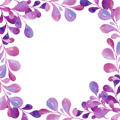 watercolor square frame with pink and magenta leaves, gradient in illustration, sketch, purple and violet color, herbal ornament isolated on white background