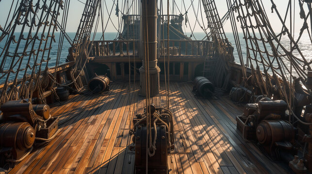Deck of old pirate ship  sailing in open deep sea during day time with clear sky