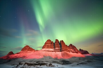 display of red and green aurora over a desolate mountain range