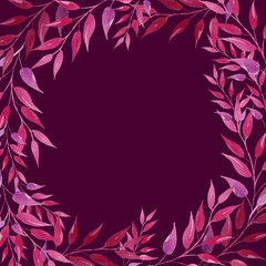 watercolor frame with pink and magenta leaves, hand drawn illustration, sketch, rose color, purple color herbal ornament, on dark purple background