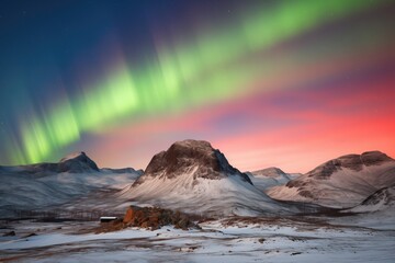 Naklejka premium display of red and green aurora over a desolate mountain range