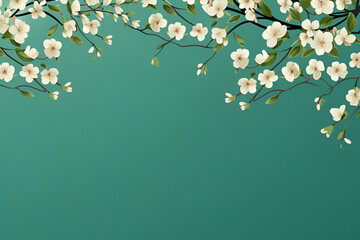 White spring flowers border banner, green background