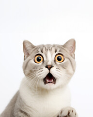 Scottish fold cat terrified act looking at camera on white background
