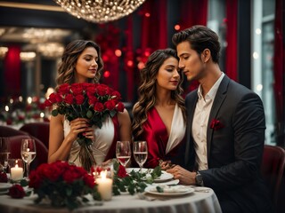 Attractive young women and handsome man have a romantic dinner in restaurant at Valentine's Day
