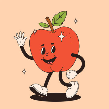 Groovy apple mascot. Funky retro character. cartoon apple, smiling, walking. Funny vintage trendy style character. Doodle Comic collection