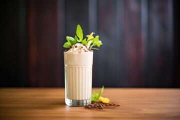 frothy chocolate milkshake garnished with mint leaves