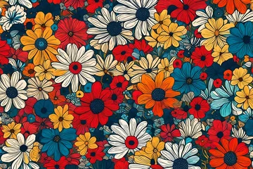 Fotobehang Radiant and lively, an abstract masterpiece showcases flowers in a seamless pattern, capturing the essence of retro aesthetics with a vibrant primary color backdrop. © Best