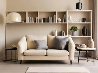 minimalist style family lounge -beige sofa - bookcase attached to the wall
